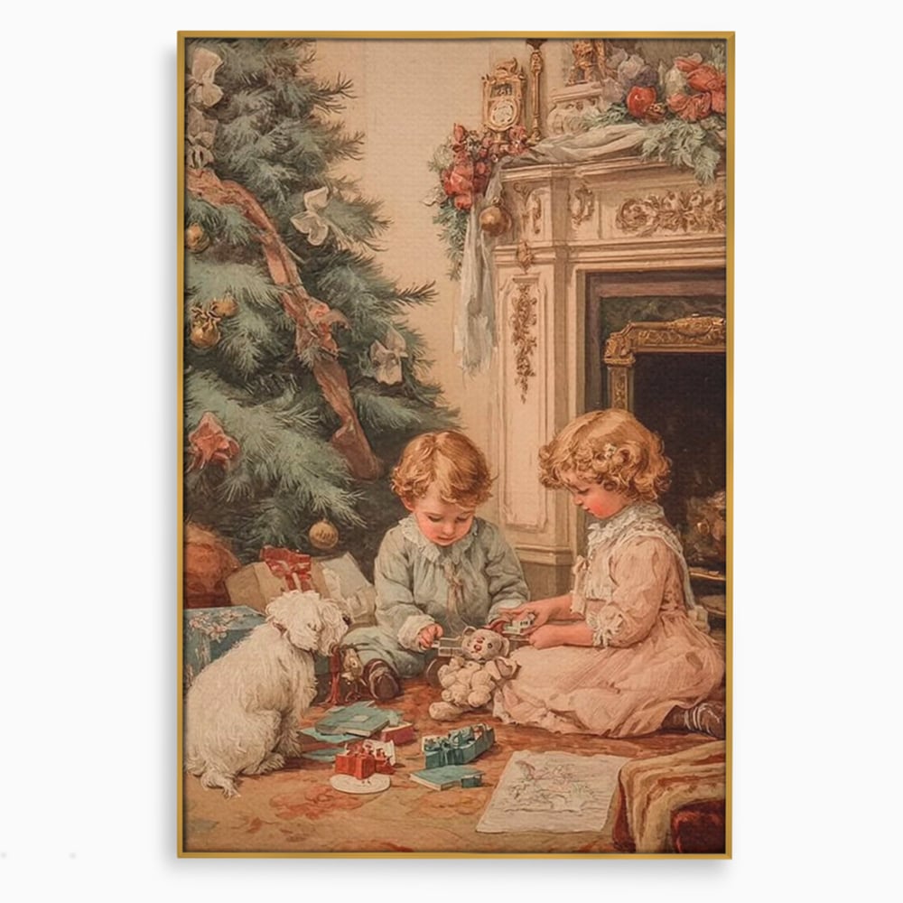 Tablou canvas cu ilustratie vintage cu copii langa bradul de craciun, in rama de aluminiu auriu